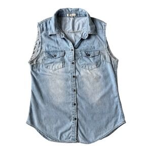 Y2K‎ Frayed Sleeveless Denim Button Down Top Sz S Noble U Grunge Indie Festival